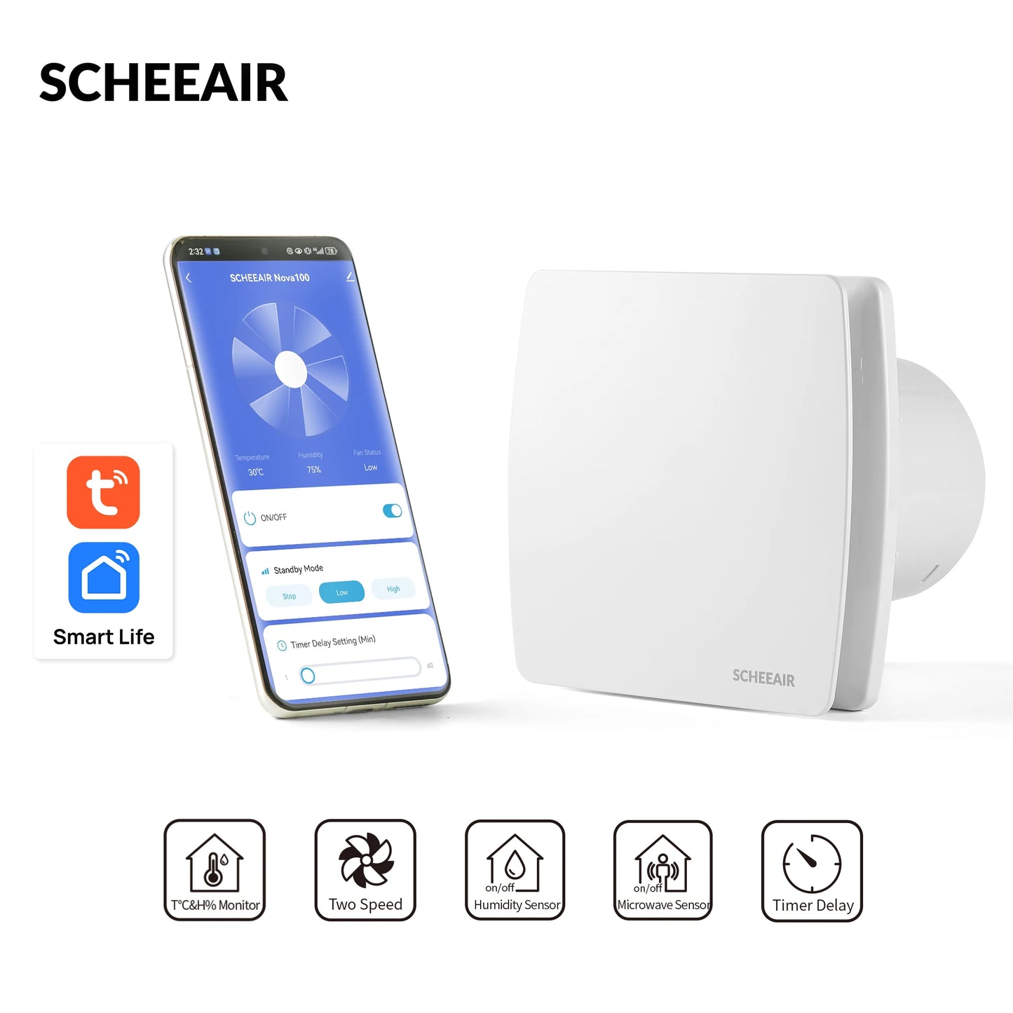 Smart Life WiFi Bathroom Exhaust Fan with Humidity & Motion Sensors