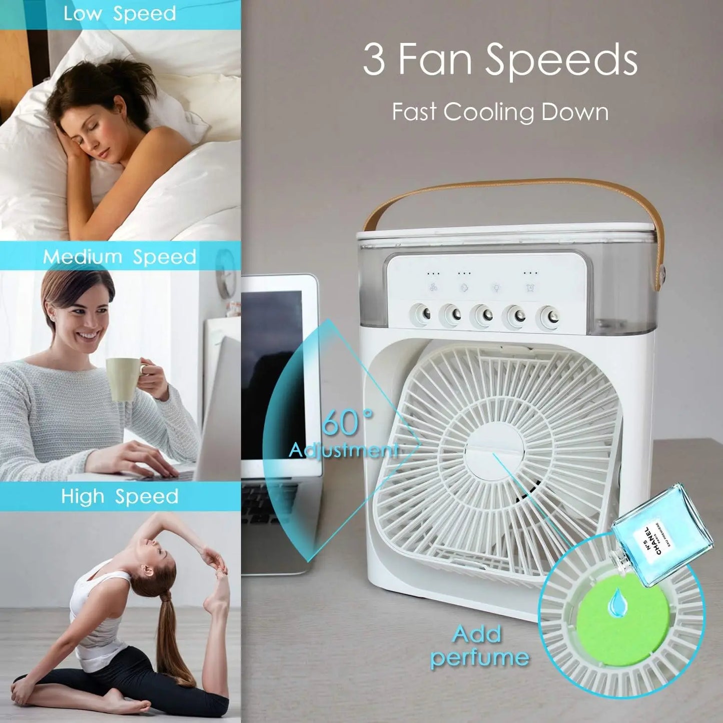 Portable Air Conditioner Fan - USB Electric Fan, LED Night Light, Water Mist Humidifier